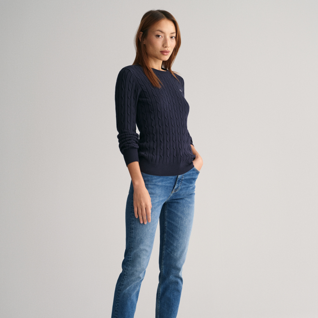 Stretch Cotton Cable Crew Neck Evening Blue