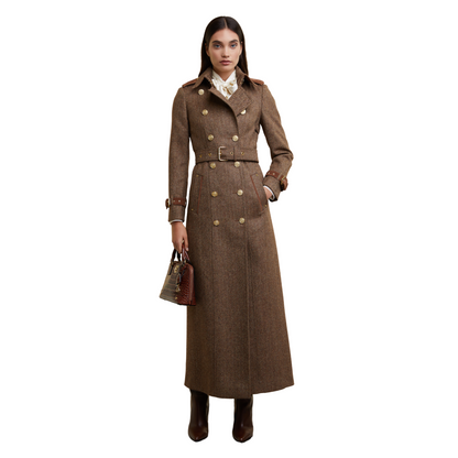 Full Length Marlborough Trench Coat Large Scale Brown Herringbone