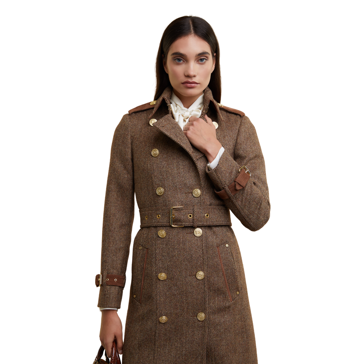 Full Length Marlborough Trench Coat Large Scale Brown Herringbone