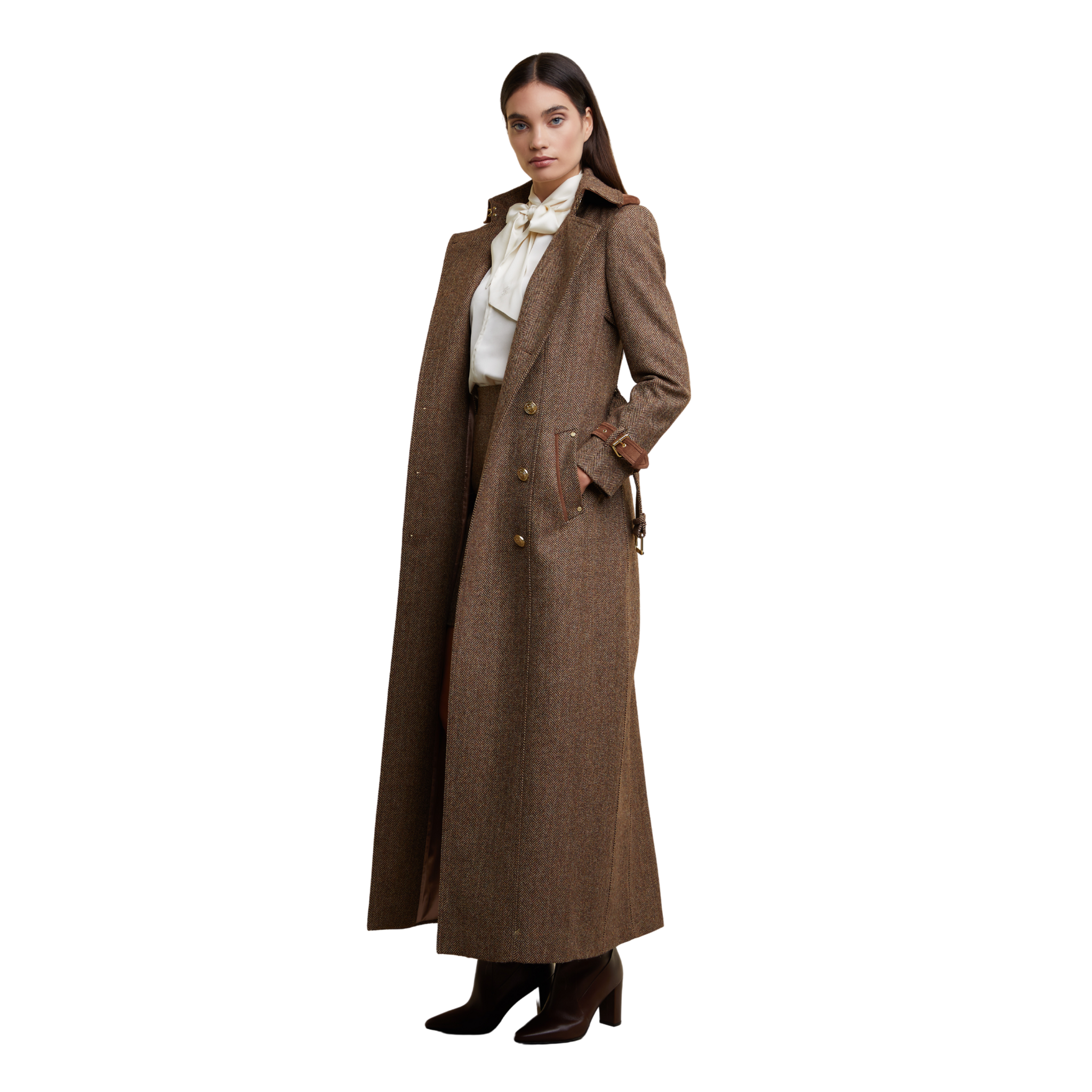 Full Length Marlborough Trench Coat Large Scale Brown Herringbone