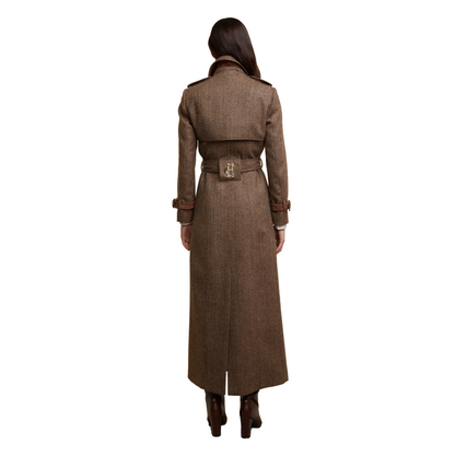 Full Length Marlborough Trench Coat Large Scale Brown Herringbone