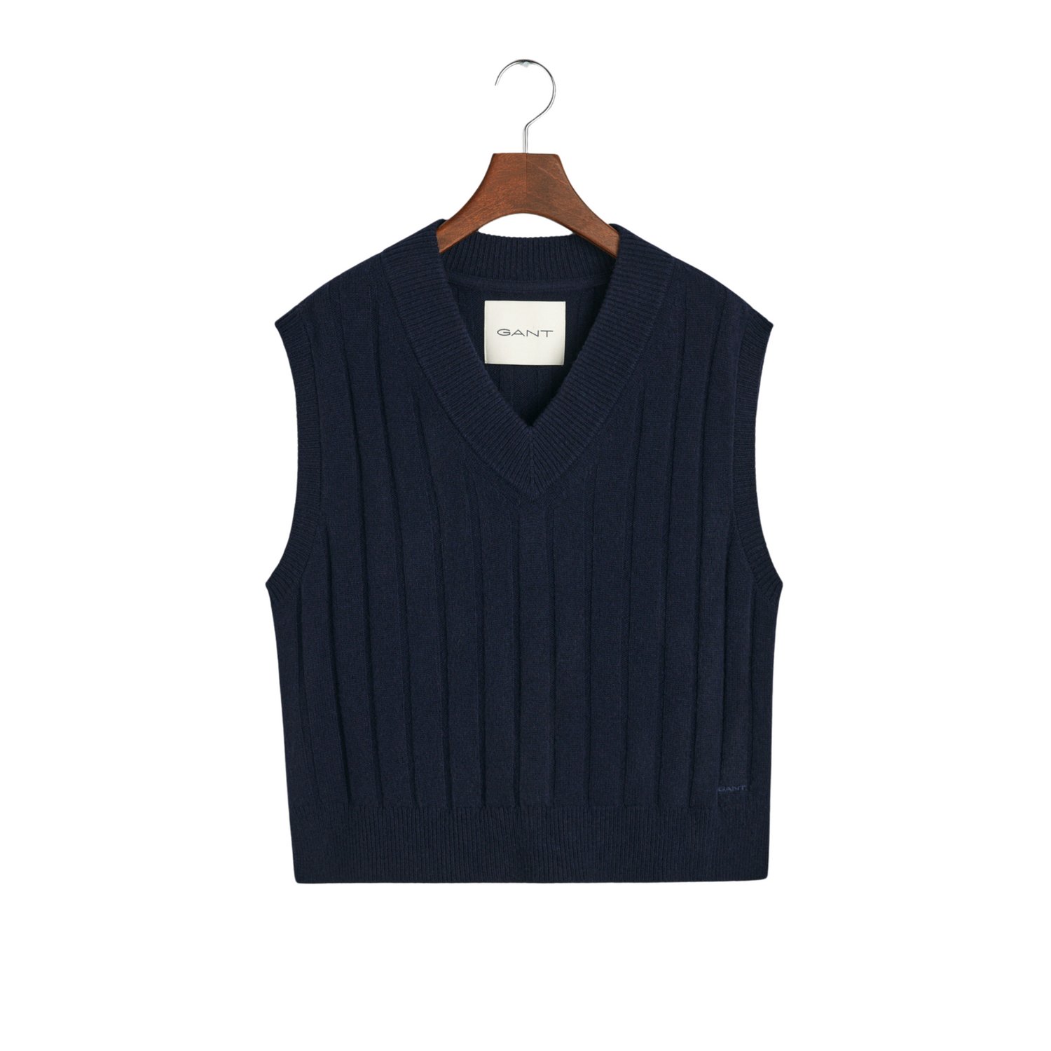 Ribbed Wool V Neck Vest Evening Blue